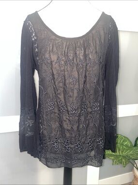 Cupio Black Sheer Embroidered Long-Sleeve Blouse
